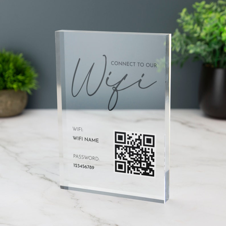 Wifi Acrylic Block Plaque with Password Info and QR Code Office Cafe Shop Internet
