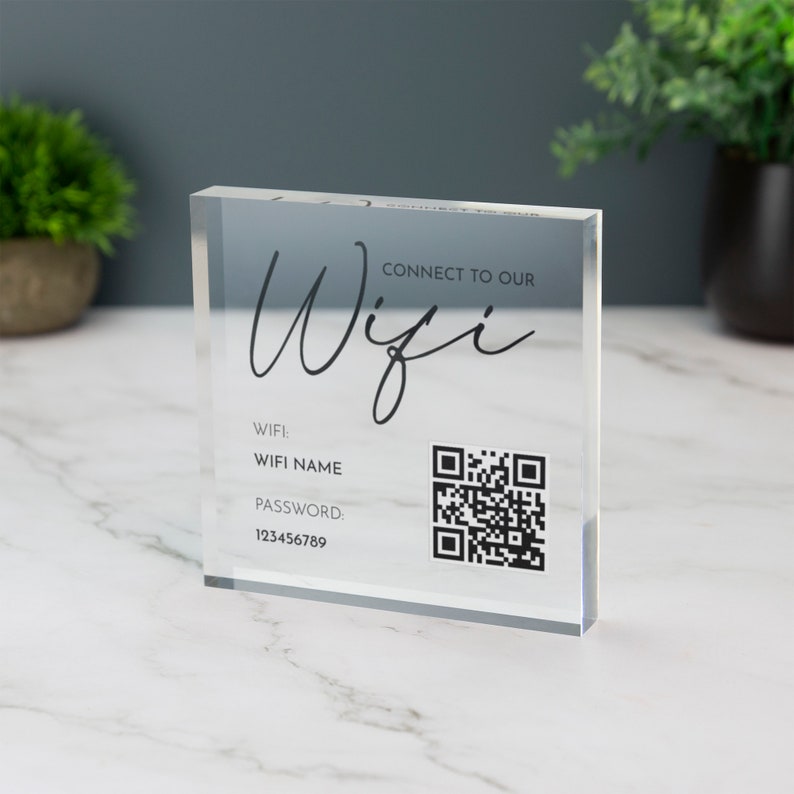 Wifi Acrylic Block Plaque with Password Info and QR Code Office Cafe Shop Internet