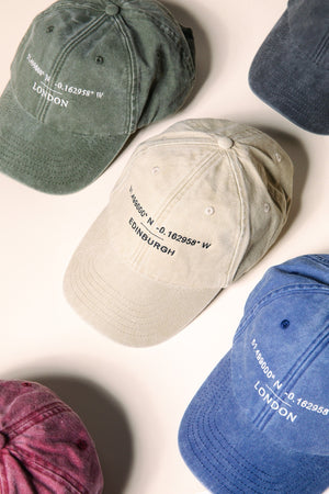 Custom Baseball Cap - Personalised Embroidered Hat with Your Favourite Location Coordinates - Washed Out Cotton Vintage Style Dad Hat