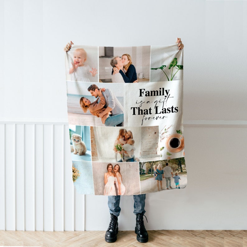 Custom Picture Collage Text Blanket, Family Photo Memorial Throw, Personalized Couple Mom Dad Grandma Daughter Birthday Christmas Keepsake