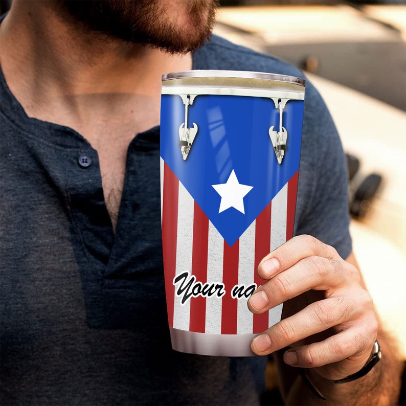 Personalized Puerto Rico Flag Drum Tumbler Custom Name Music Gift, Boricua Drummer Cup for Men, Puerto Rican Pride Drinkware