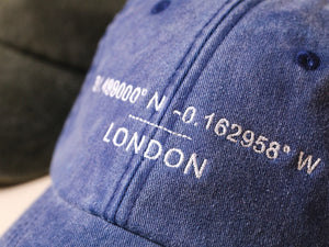 Custom Baseball Cap - Personalised Embroidered Hat with Your Favourite Location Coordinates - Washed Out Cotton Vintage Style Dad Hat