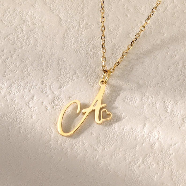 Custom Initial Name Necklace with Heart Charm|Personalized Minimalist Letter necklace|Delicate Layering Necklace|Birthday Gift for Her