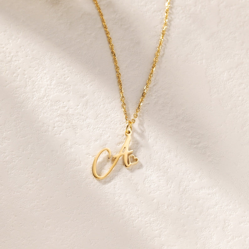 Custom Initial Name Necklace with Heart Charm|Personalized Minimalist Letter necklace|Delicate Layering Necklace|Birthday Gift for Her