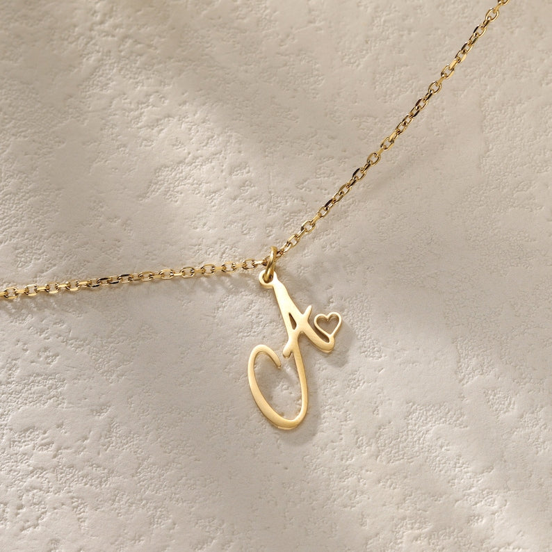 Custom Initial Name Necklace with Heart Charm|Personalized Minimalist Letter necklace|Delicate Layering Necklace|Birthday Gift for Her