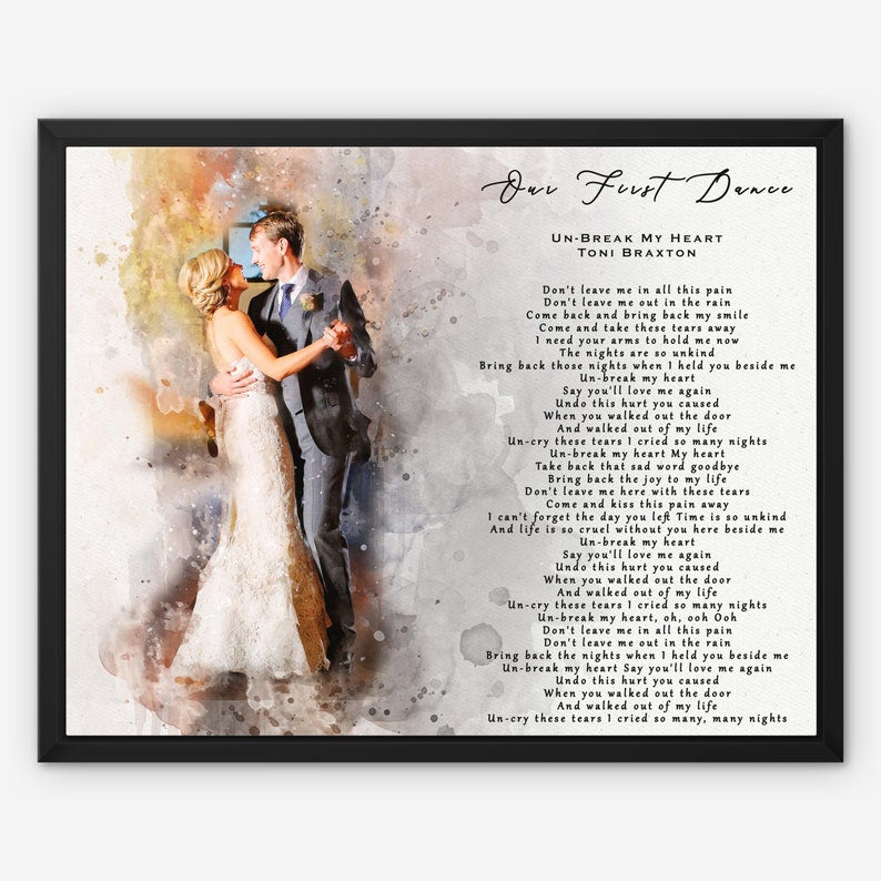 Custom Watercolor Song Portrait from Photo, Wedding Gift, Personalized First Dance Illustration, 1st Anniversary Gift, Framed Canvas Print