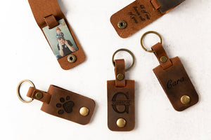 Personalized Photo Metal Tag Leather Keychain - Engraved Leather Cover with Photo Printed to Tag Inside