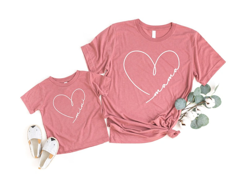 Custom Mommy & Me Matching Mama and Mini Doodle Heart Baby Girls Shirts, Matching Mama & Me Shirts