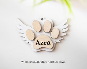 Pet Memorial Christmas Ornament, Angel Wings Dog Paw Ornament, Personalized Cat Wings Christmas Ornament, Handmade Wood Your Dog or Cat Name