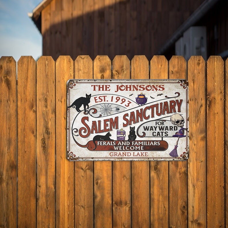 Witch Black Cat Salem Sanctuary Metal Halloween Sign, Personalized Gifts, Witch Decor, Gift for him, Goth, Witch Sign, Housewarming Gifts