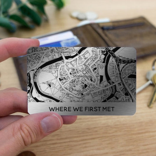 Metal wallet card with map & caption. Christmas gift for boyfriend. Personalised anniversary gifts for him Valentine's Day keepsake