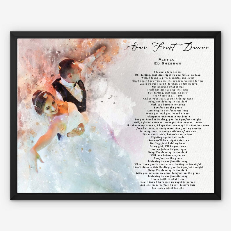 Custom Watercolor Song Portrait from Photo, Wedding Gift, Personalized First Dance Illustration, 1st Anniversary Gift, Framed Canvas Print