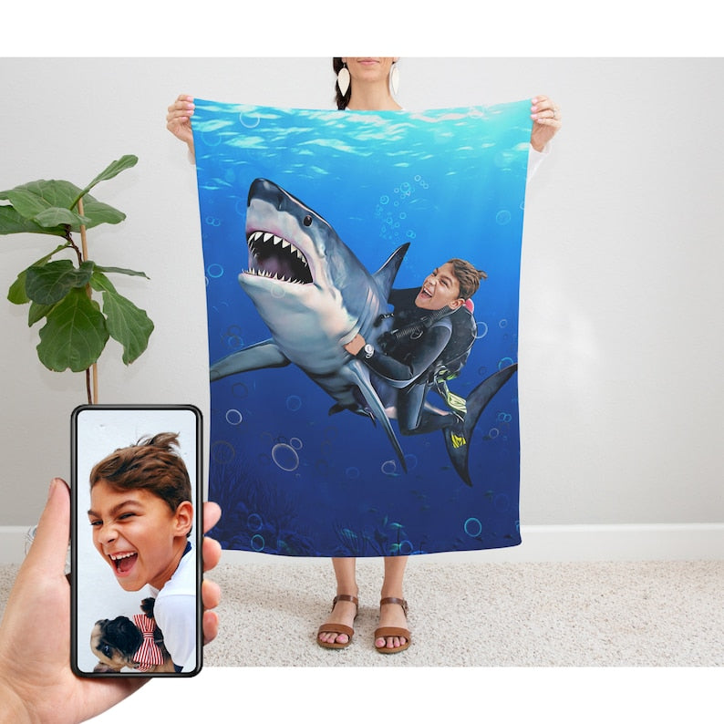Personalized Shark Custom Velveteen Plush Blanket, Custom Shark Gift, Shark Birthday Gift, Great White Shark, Personalized Blanket for Kids