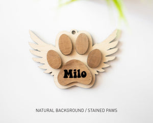 Pet Memorial Christmas Ornament, Angel Wings Dog Paw Ornament, Personalized Cat Wings Christmas Ornament, Handmade Wood Your Dog or Cat Name