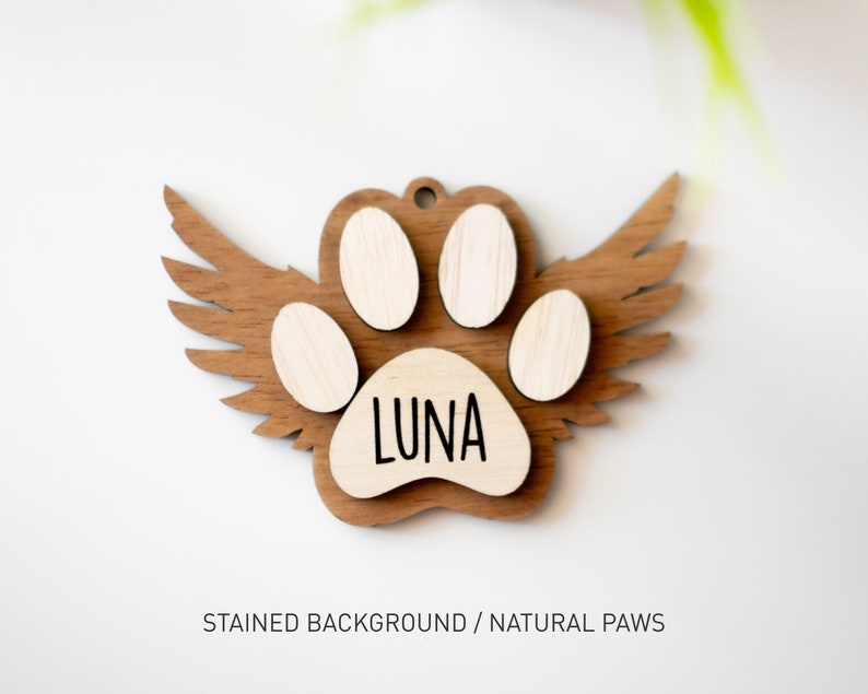 Pet Memorial Christmas Ornament, Angel Wings Dog Paw Ornament, Personalized Cat Wings Christmas Ornament, Handmade Wood Your Dog or Cat Name