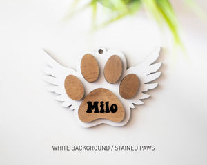 Pet Memorial Christmas Ornament, Angel Wings Dog Paw Ornament, Personalized Cat Wings Christmas Ornament, Handmade Wood Your Dog or Cat Name