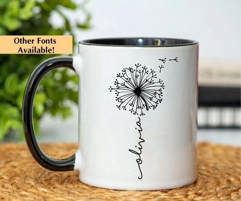Personalized Dandelion Mug, Floral Gifts, Custom Flower Cup, Dandelion Coffee Cup, Flower Gifts For Her, Flower Custom Name Mug