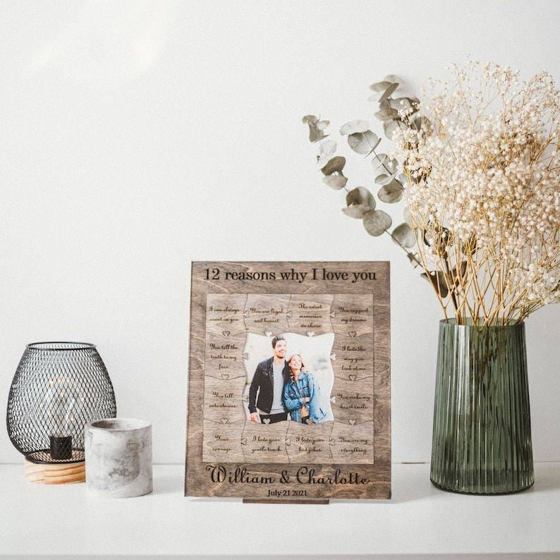 12 reasons why i love you, Personalized Wooden Puzzle Birthday Gift for Her Anniversary Gift for Boyfriend Custom Valentines Gift for Him