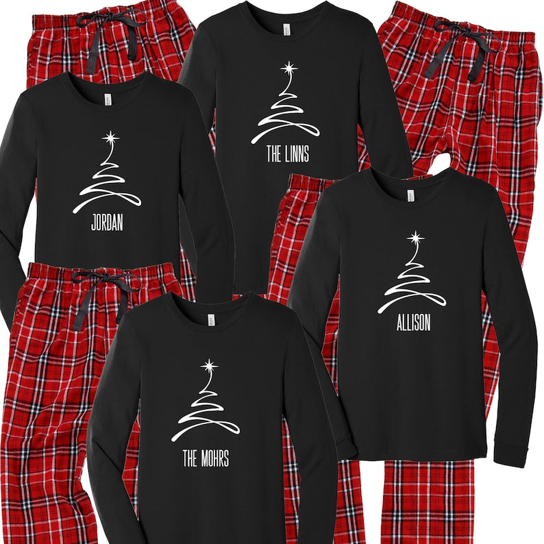 Christmas Tree Pajamas, Personalized Family Pjs, Matching Family Pajamas, Xmas sleepwear, Merry Christmas 2025, black white plaid flannel il_794xN.4222807824_og07.jpg