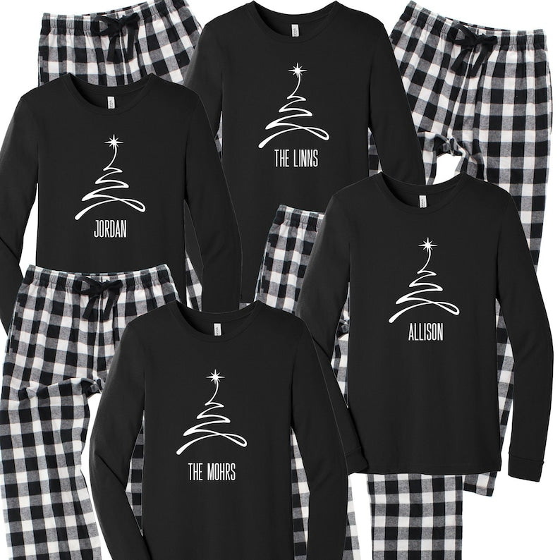 Christmas Tree Pajamas, Personalized Family Pjs, Matching Family Pajamas, Xmas sleepwear, Merry Christmas 2025, black white plaid flannel il_794xN.4222807972_3yr1.jpg