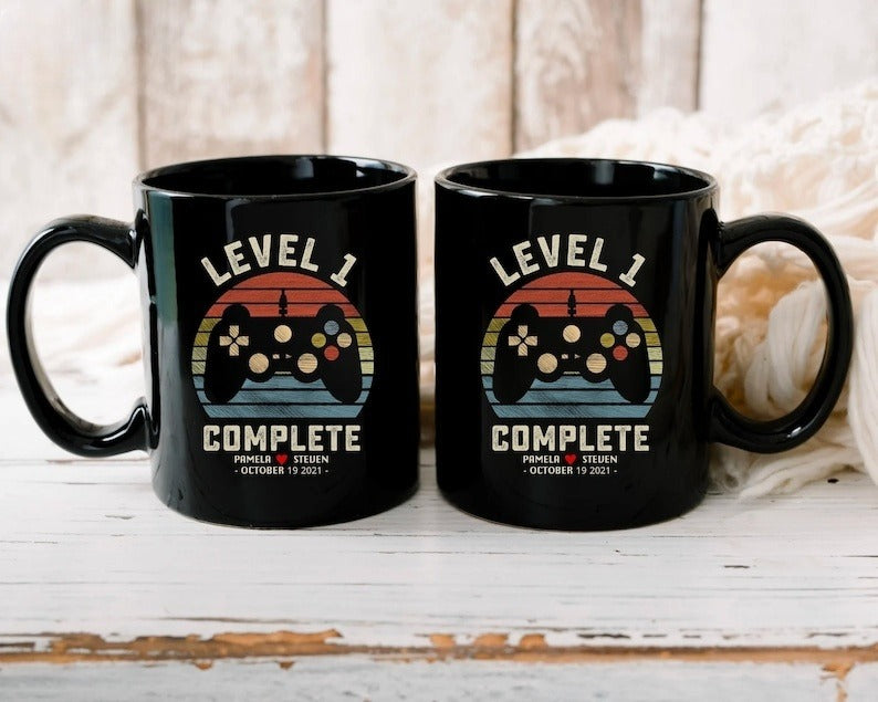 1st Wedding Anniversary Gift for Husband Wife, Personalization Level 1 Complete, 1 year Anniversary Gift for Gamer, Retro Video Game Mug