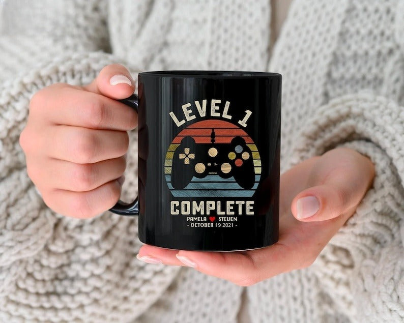 1st Wedding Anniversary Gift for Husband Wife, Personalization Level 1 Complete, 1 year Anniversary Gift for Gamer, Retro Video Game Mug