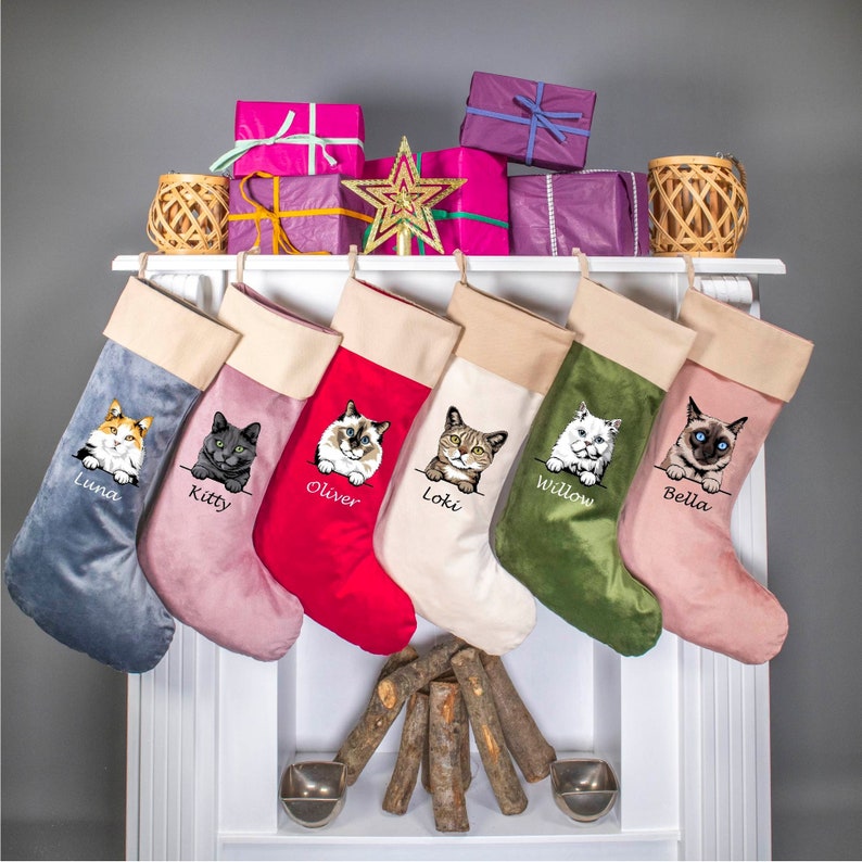 Cat Christmas Velvet Stockings, Personalized Christmas Cat Stockings, Custom Velvet Stocking, Pet Stockings, Christmas Decoration for Family