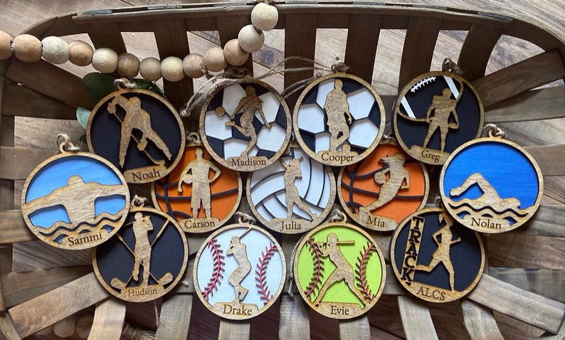 Personalized Sports Ornaments | Wooden Sports Ornaments | Sports Ornament Custom Name Baseball Basketball Swim Volleyball Tennis Hockey