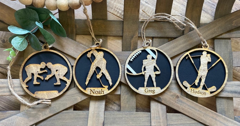 Personalized Sports Ornaments | Wooden Sports Ornaments | Sports Ornament Custom Name Baseball Basketball Swim Volleyball Tennis Hockey