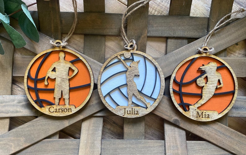 Personalized Sports Ornaments | Wooden Sports Ornaments | Sports Ornament Custom Name Baseball Basketball Swim Volleyball Tennis Hockey