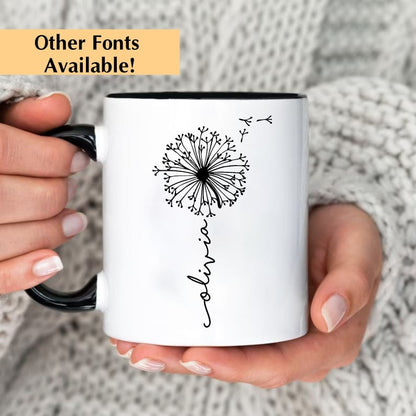 Personalized Dandelion Mug, Floral Gifts, Custom Flower Cup, Dandelion Coffee Cup, Flower Gifts For Her, Flower Custom Name Mug