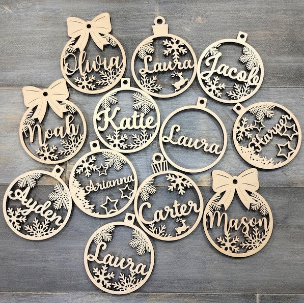 Personalized Christmas Ornaments, Custom Christmas tree Decor, Wood Xmas decor, Laser Cut Names, Christmas Bauble, Gift Tags, Your Logo