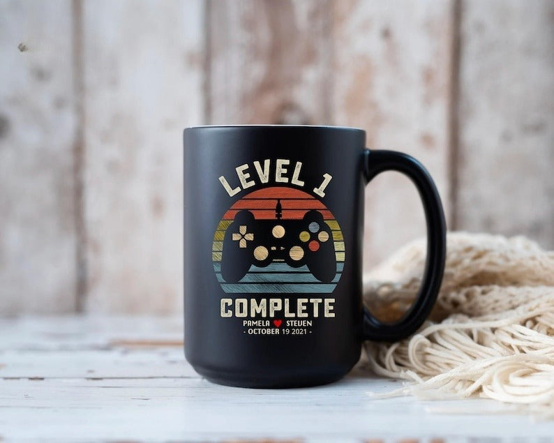 1st Wedding Anniversary Gift for Husband Wife, Personalization Level 1 Complete, 1 year Anniversary Gift for Gamer, Retro Video Game Mug