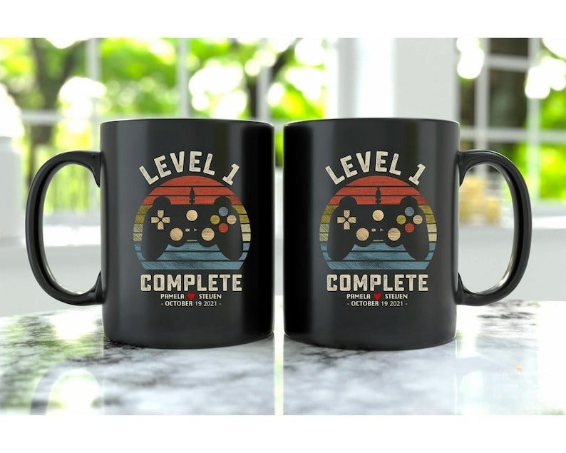 1st Wedding Anniversary Gift for Husband Wife, Personalization Level 1 Complete, 1 year Anniversary Gift for Gamer, Retro Video Game Mug