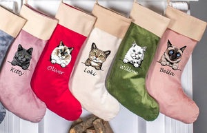 Cat Christmas Velvet Stockings, Personalized Christmas Cat Stockings, Custom Velvet Stocking, Pet Stockings, Christmas Decoration for Family