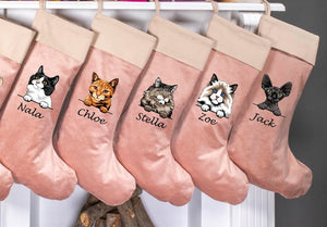 Cat Christmas Velvet Stockings, Personalized Christmas Cat Stockings, Custom Velvet Stocking, Pet Stockings, Christmas Decoration for Family