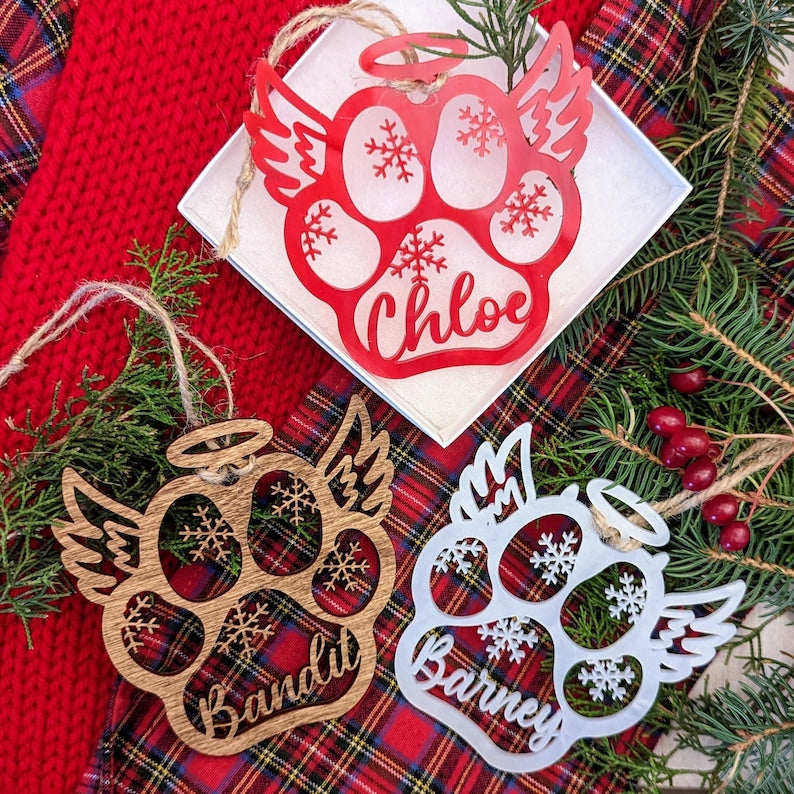 Memorial Pet Christmas Ornament | Angel Snowflake Paw Print Custom Christmas Ornament | Personalized Dog or Cat Gift | In remembrance of