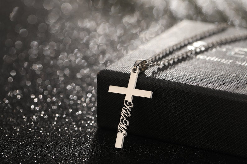 Gold Cross Name Necklace, Sterling Silver Dainty Cross Name Necklace, Christian Gifts, Unisex Necklace, Personalized Jewelry