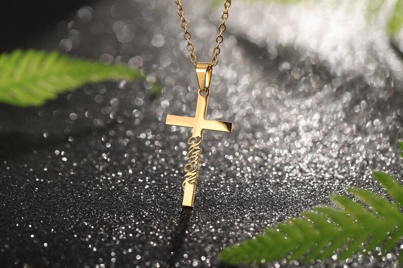 Gold Cross Name Necklace, Sterling Silver Dainty Cross Name Necklace, Christian Gifts, Unisex Necklace, Personalized Jewelry