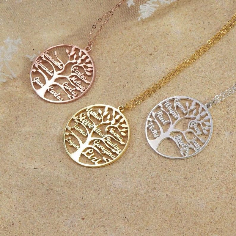 Engraved Family Name Necklace Personalized Name Necklace Tree of Life Necklace Multiple Names Necklace Gift for Family Gift for Mom