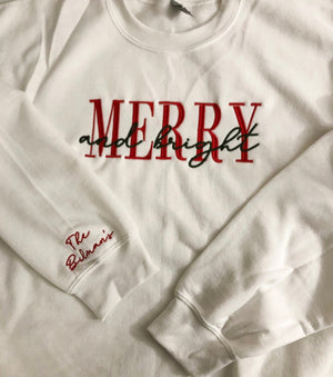 Embroidered merry and bright crewneck cozy sweatshirt holiday Christmas gifts anniversary custom sleeves housewarming gift Santa gift