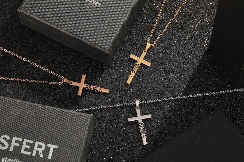 Gold Cross Name Necklace, Sterling Silver Dainty Cross Name Necklace, Christian Gifts, Unisex Necklace, Personalized Jewelry