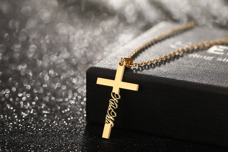 Gold Cross Name Necklace, Sterling Silver Dainty Cross Name Necklace, Christian Gifts, Unisex Necklace, Personalized Jewelry