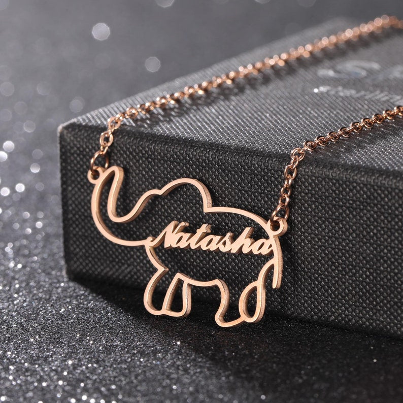 Lovely Elephant Animal Personalized Custom Name Necklace, Lucky Elephant Necklace Birthday Gift, Necklaces with Name, Animal Letter Jewelry