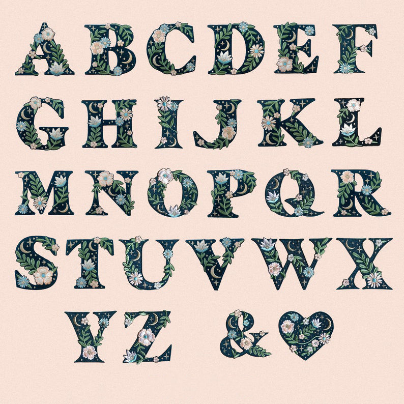 Botanical Letter Patches - Embroidered Applique Letters - Choose Your Letter or Initial! Flowers, Moon, & Stars Details! il_794xN.4399286410_2nmm.jpg