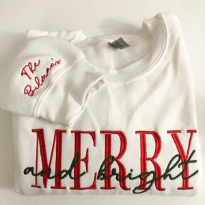 Embroidered merry and bright crewneck cozy sweatshirt holiday Christmas gifts anniversary custom sleeves housewarming gift Santa gift