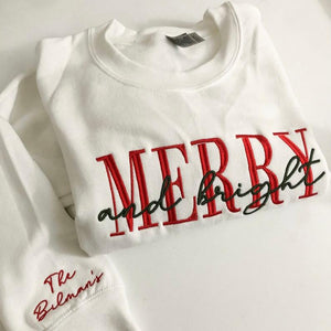 Embroidered merry and bright crewneck cozy sweatshirt holiday Christmas gifts anniversary custom sleeves housewarming gift Santa gift