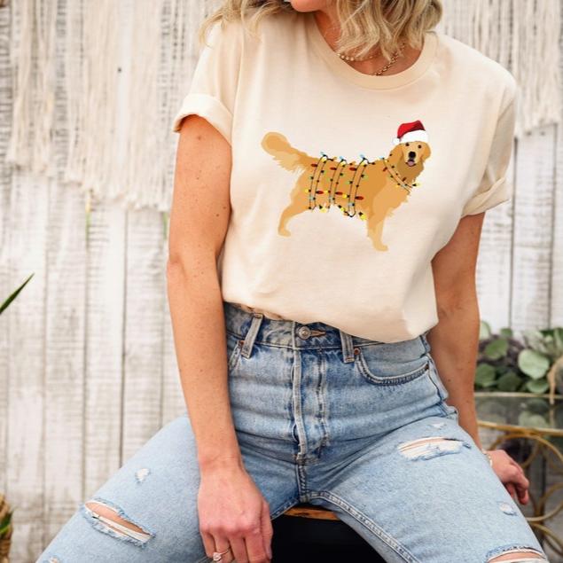 Christmas Golden Retriever Shirt, Happy New Year Dog Tshirt, Christmas Lights Tee, Christmas Dog Tee, Golden Mom Tshirt, Gift for Dog Lover