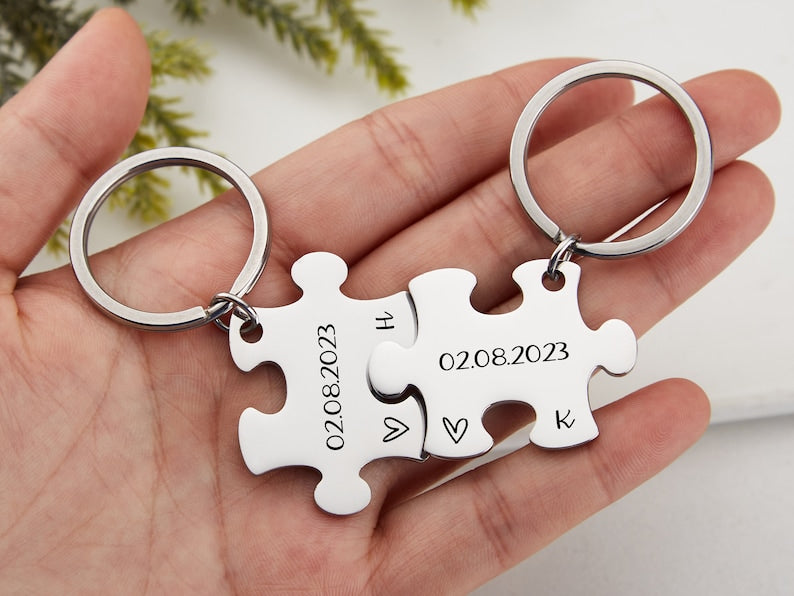Personalized Puzzle key chain with Names Couples key chain Puzzle jewelry Anniversary gift Boyfriend Gift Valentine's day Gift for her