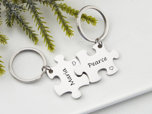 Personalized Puzzle key chain with Names Couples key chain Puzzle jewelry Anniversary gift Boyfriend Gift Valentine's day Gift for her